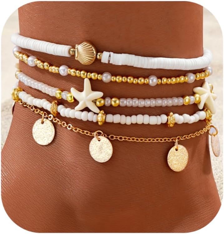 Shall Shell Boho Shell Ankle Bracelet Set for Women, 5 Pairs 14K Boho Bead Handmade Adjustable Anklet, Hawaiian Beach Seashell Starfish Foot Jewelry Gifts - Image 1